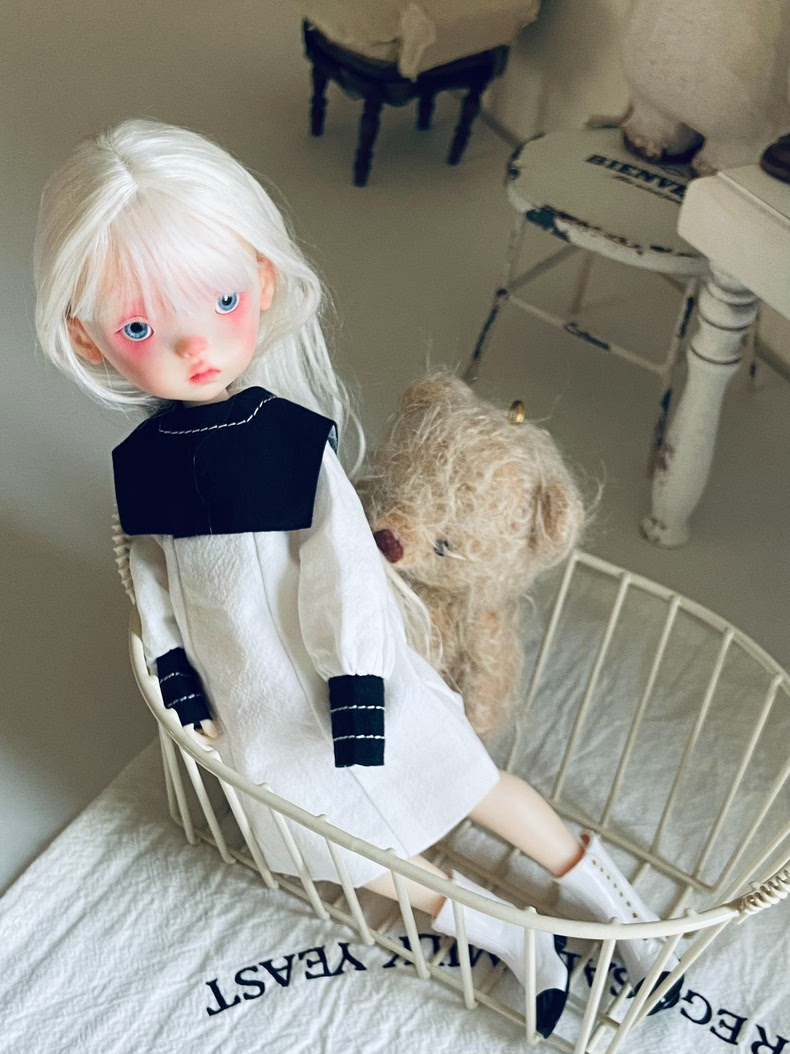BLYTHE Doll Outfit: Japanese Minimalist Black & White Dress w/ Detachable Collar for OB22 OB24 Licca Azone - Image 2