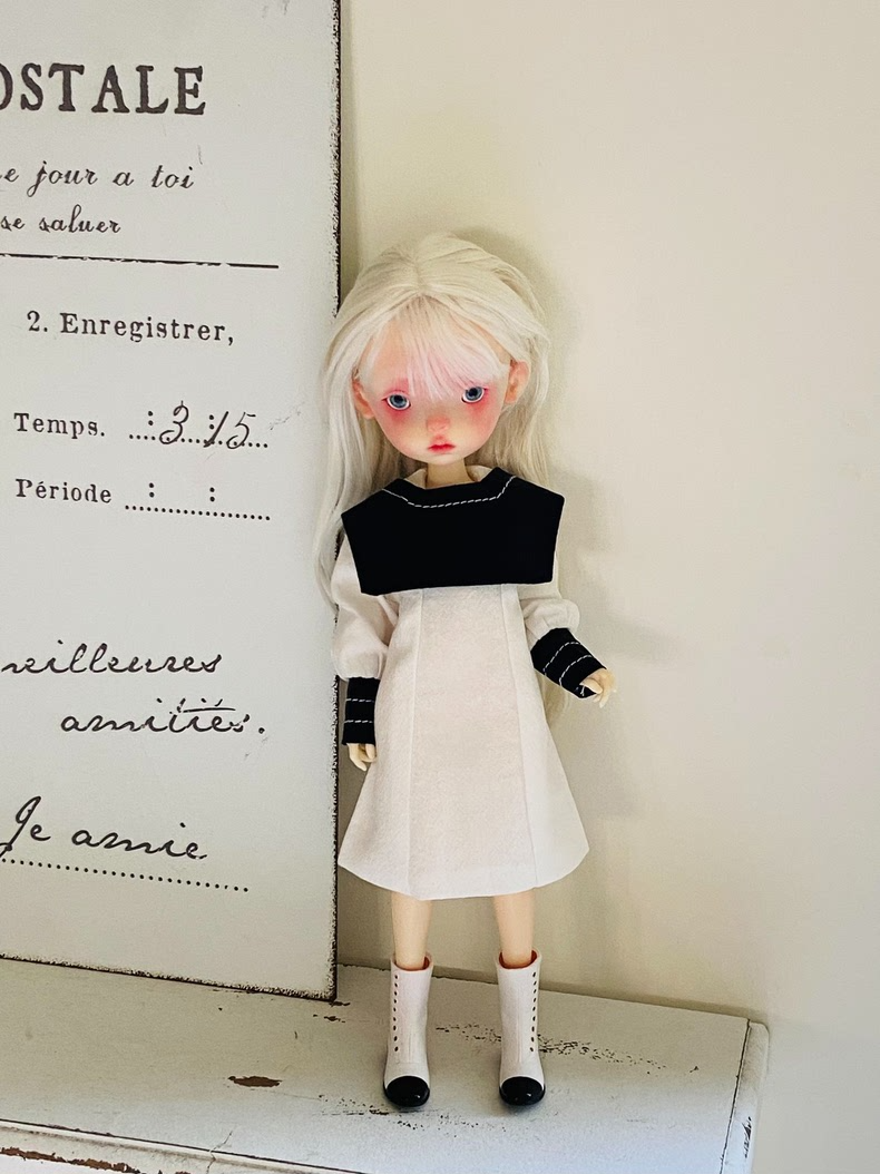 BLYTHE Doll Outfit: Japanese Minimalist Black & White Dress w/ Detachable Collar for OB22 OB24 Licca Azone - Image 3
