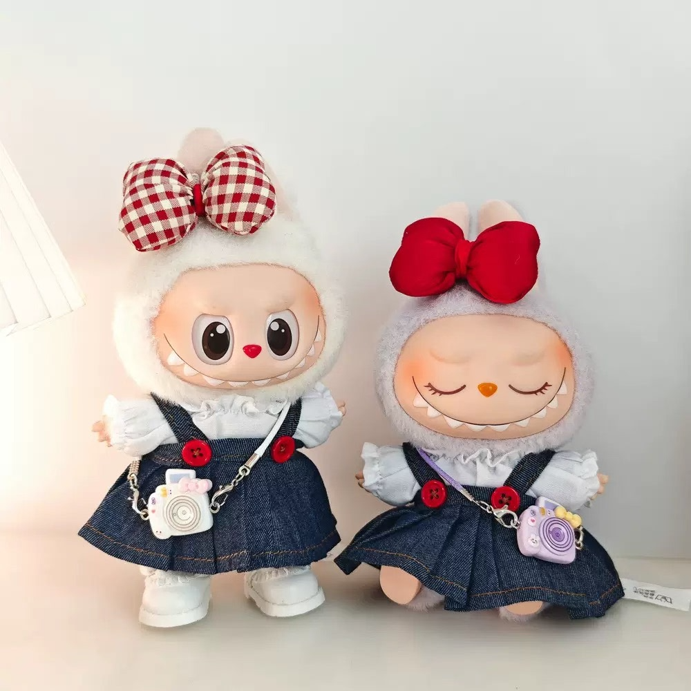 Charming Labubu Doll Outfit: Stylish White Blouse & Denim Skirt with Adorable Headwear - Image 1