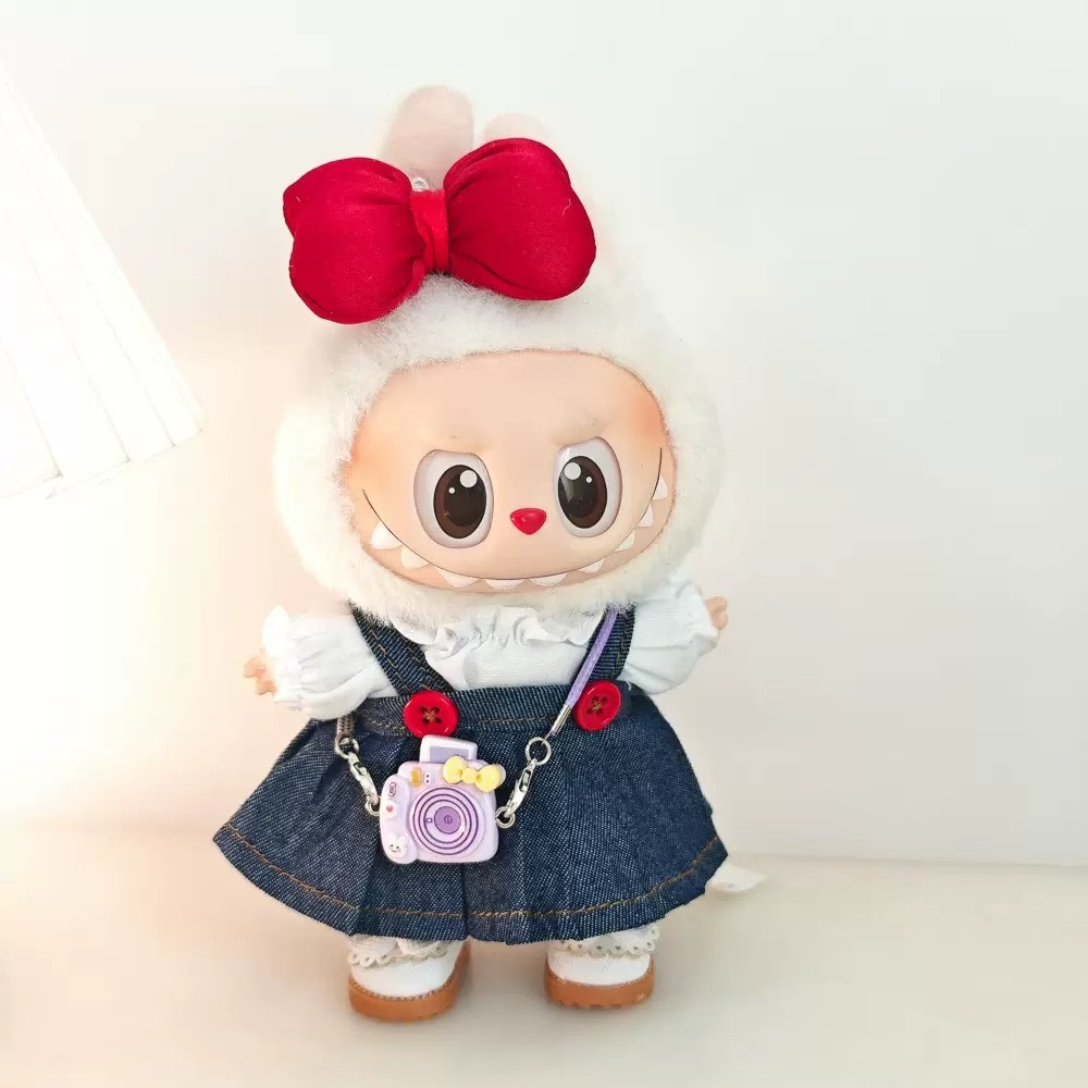 Charming Labubu Doll Outfit: Stylish White Blouse & Denim Skirt with Adorable Headwear - Image 2