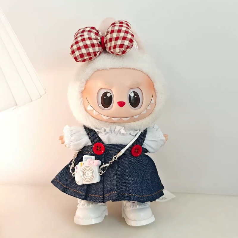 Charming Labubu Doll Outfit: Stylish White Blouse & Denim Skirt with Adorable Headwear - Image 3