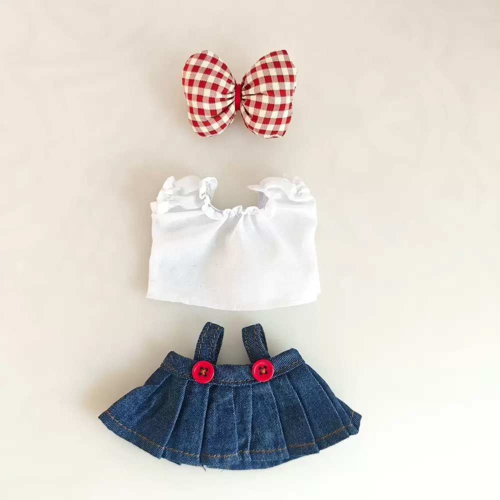 Charming Labubu Doll Outfit: Stylish White Blouse & Denim Skirt with Adorable Headwear - Image 5