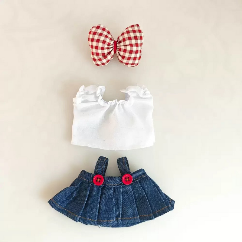 Charming Labubu Doll Outfit: Stylish White Blouse & Denim Skirt with Adorable Headwear - Image 5