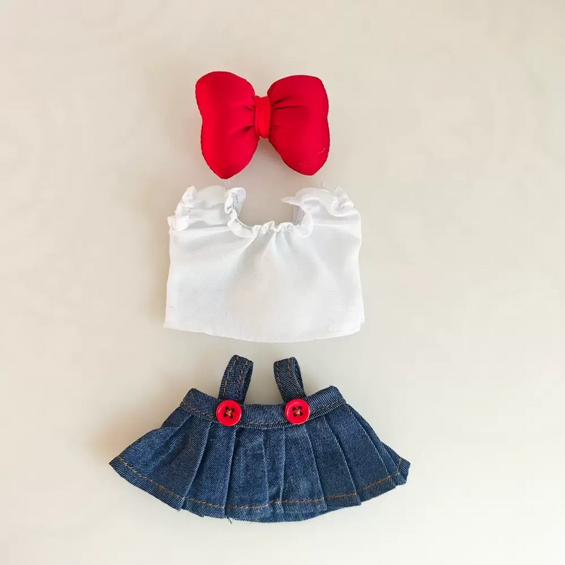 Charming Labubu Doll Outfit: Stylish White Blouse & Denim Skirt with Adorable Headwear - Image 6