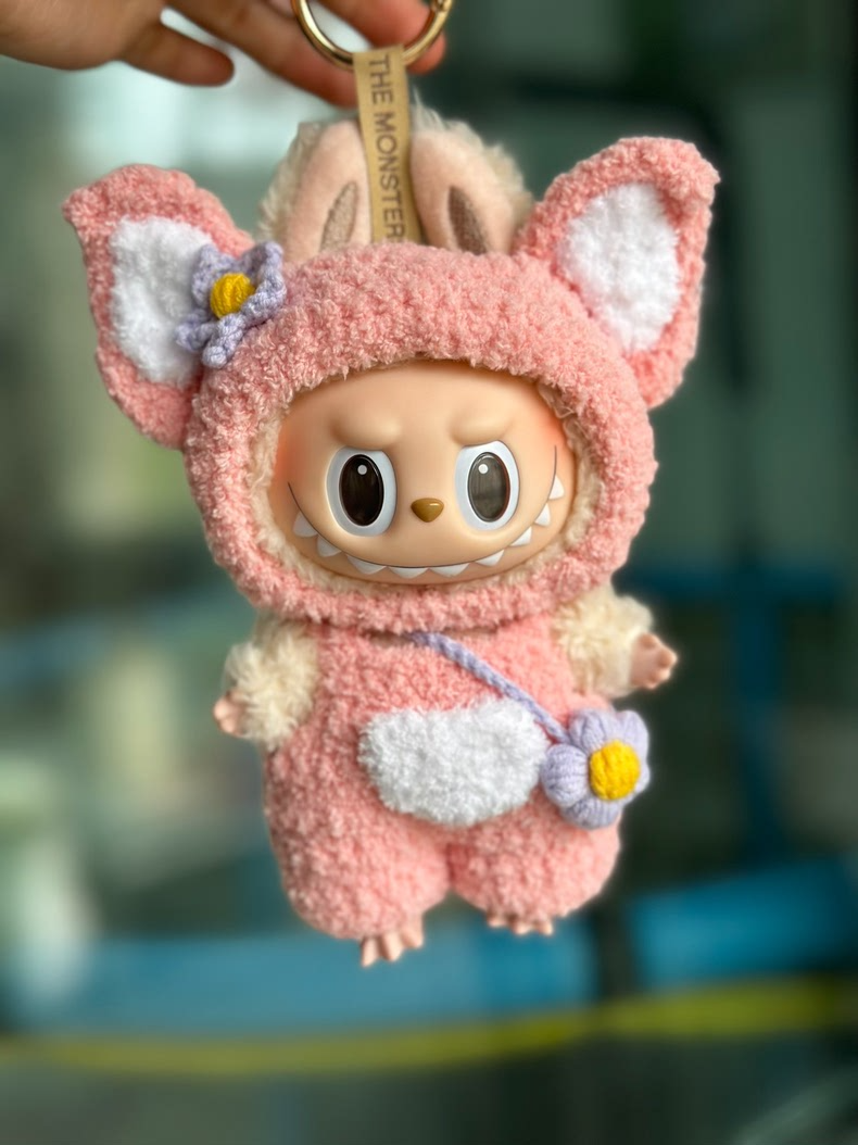 Charming Pastel Pink Labubu Doll Outfit – Plush Hat, Overalls & Bag for POPMART Collectibles - Image 1