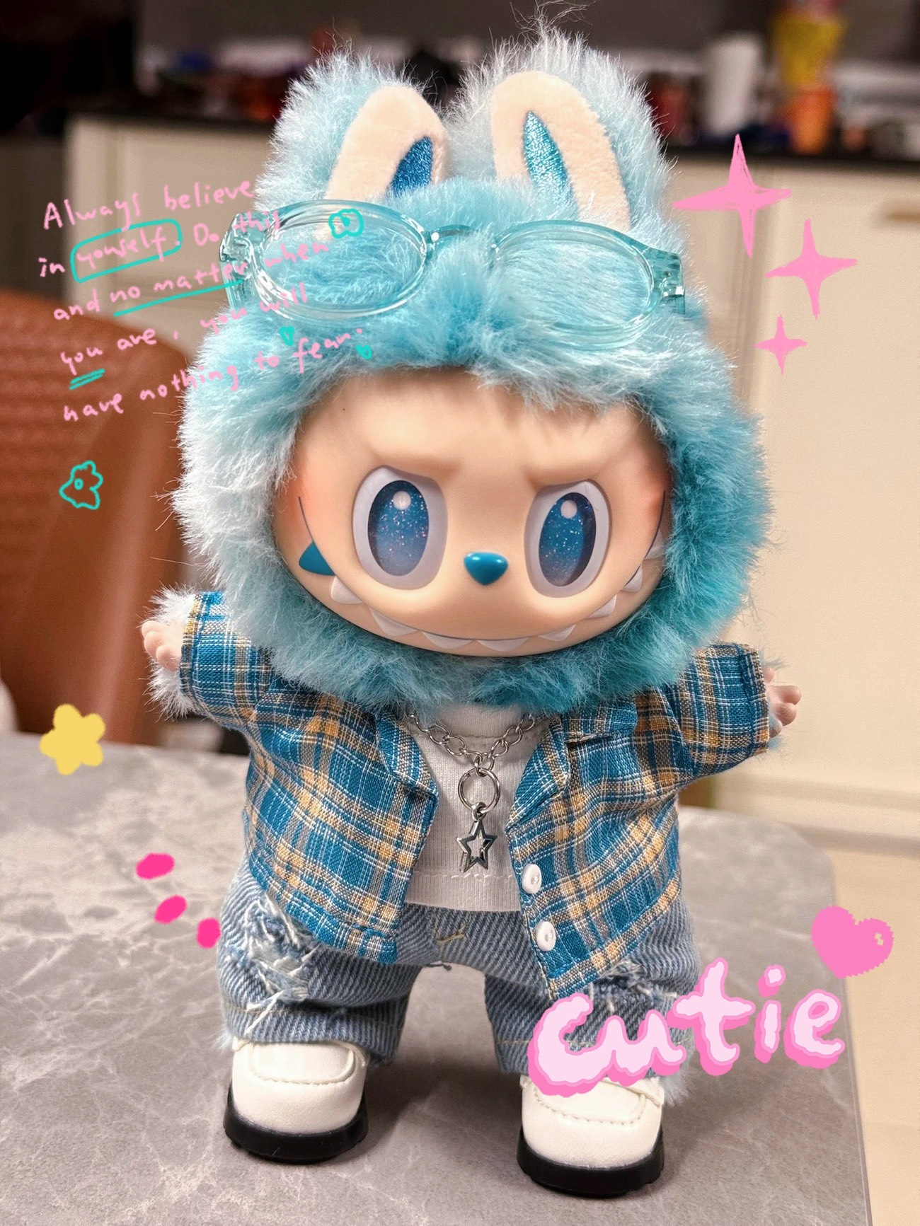 Adorable Labubu Doll Outfit – Blue Plaid Shirt & Denim Shorts for Collectors - Image 1