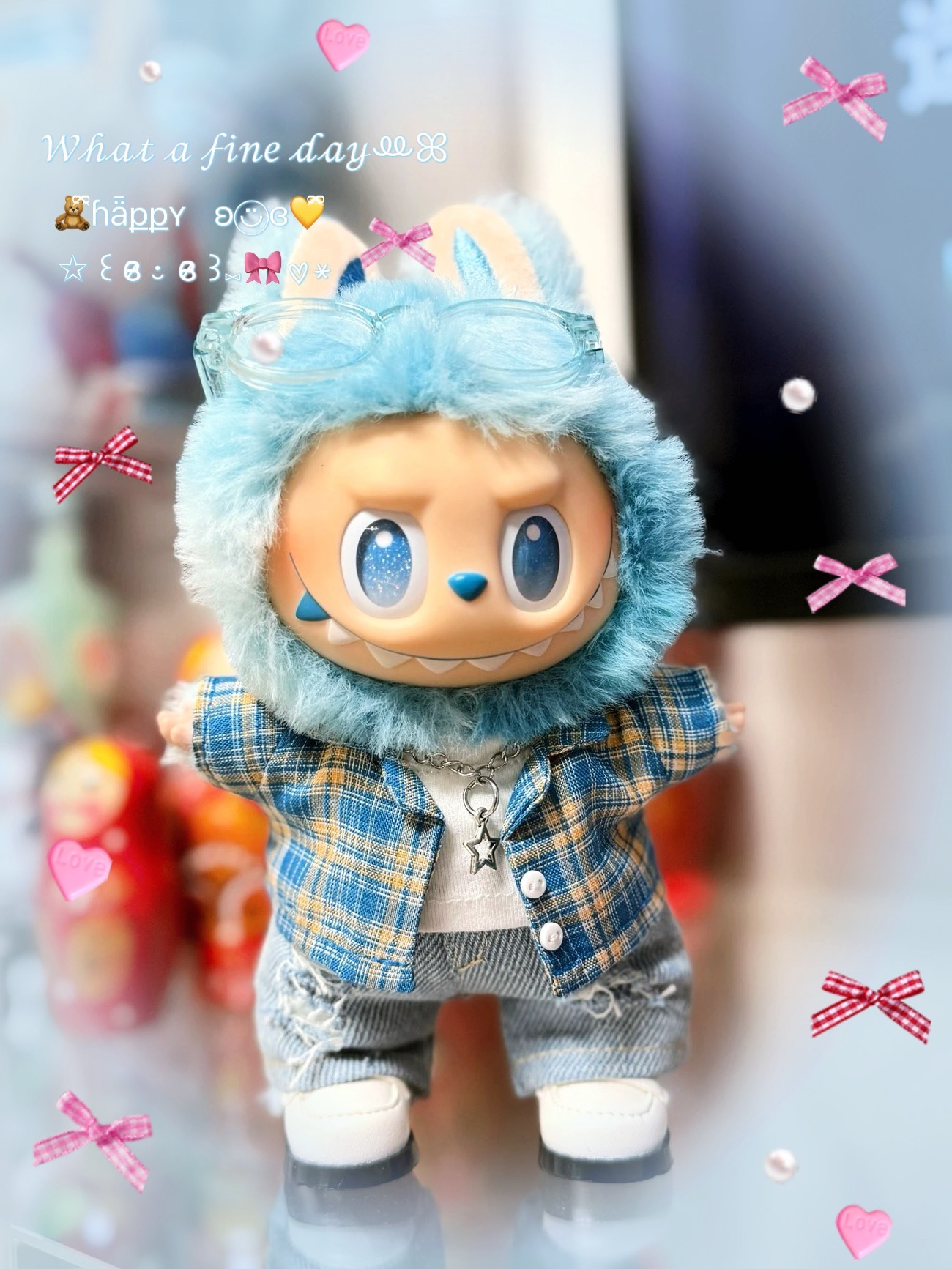 Adorable Labubu Doll Outfit – Blue Plaid Shirt & Denim Shorts for Collectors - Image 2
