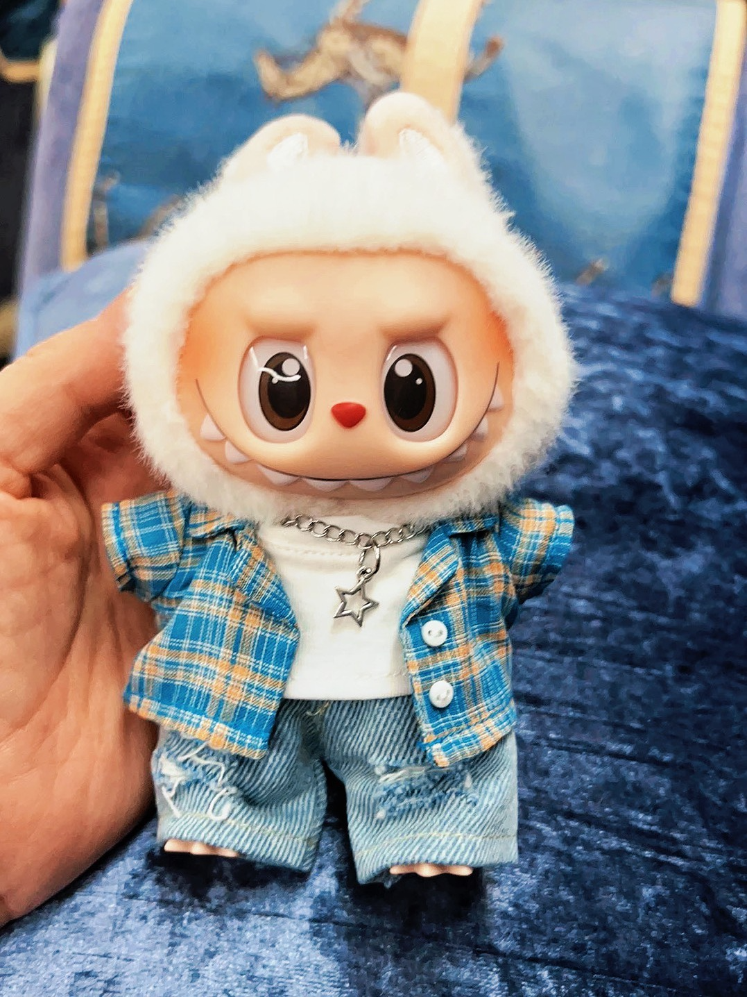 Adorable Labubu Doll Outfit – Blue Plaid Shirt & Denim Shorts for Collectors - Image 3