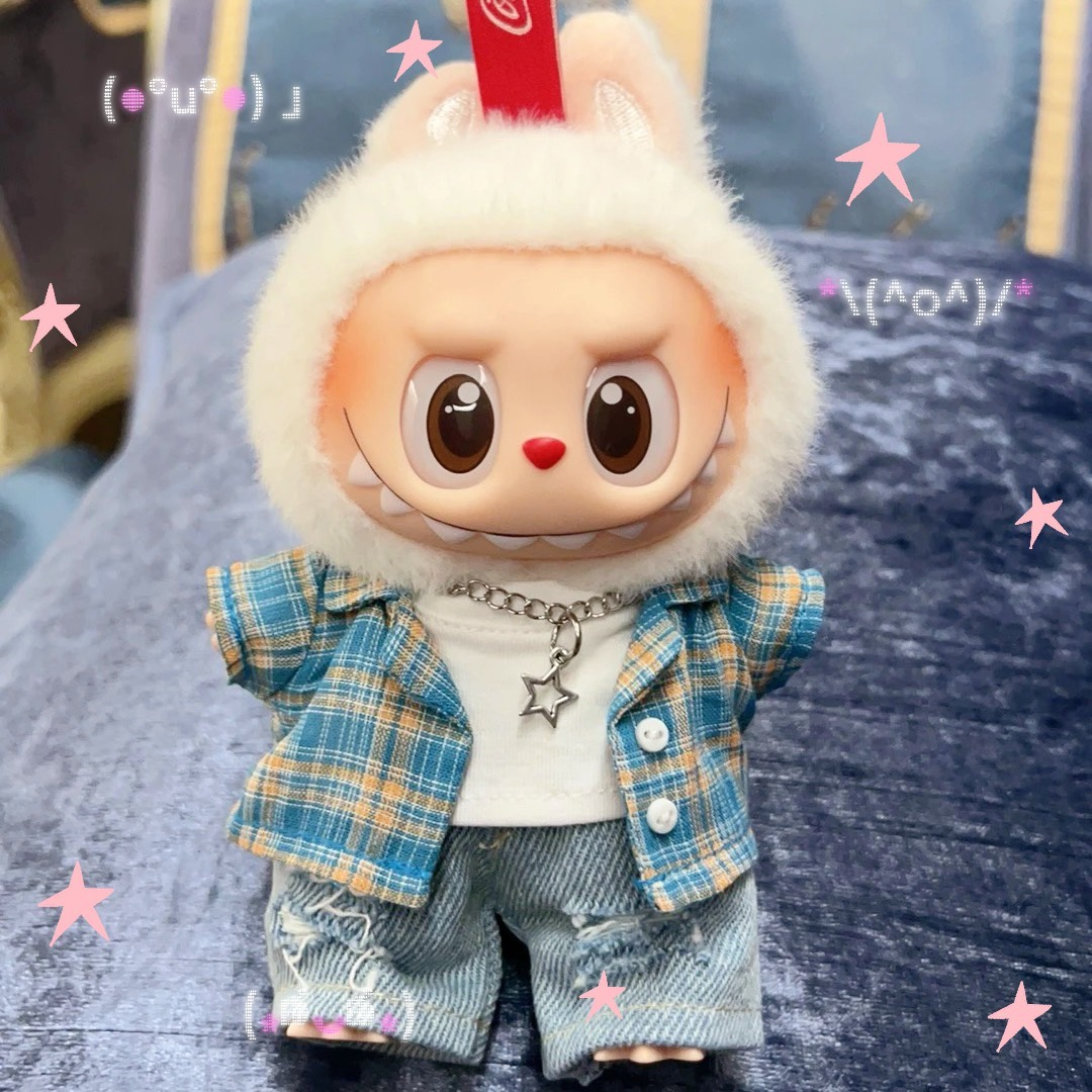 Adorable Labubu Doll Outfit – Blue Plaid Shirt & Denim Shorts for Collectors - Image 4