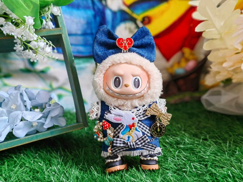 Whimsical Alice in Wonderland LABUBU Doll Outfit – Denim, Lace & Plush Magic for 17cm Dolls - Image 1