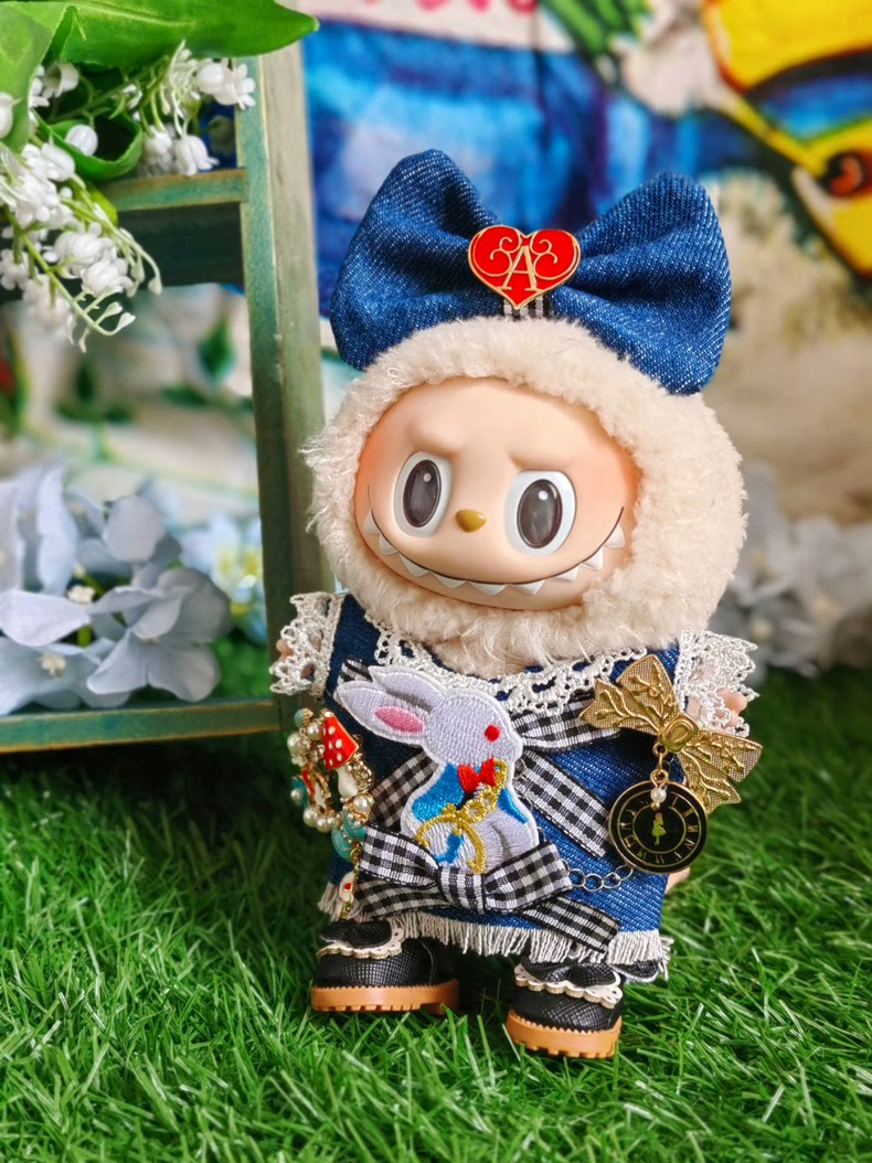 Whimsical Alice in Wonderland LABUBU Doll Outfit – Denim, Lace & Plush Magic for 17cm Dolls - Image 4