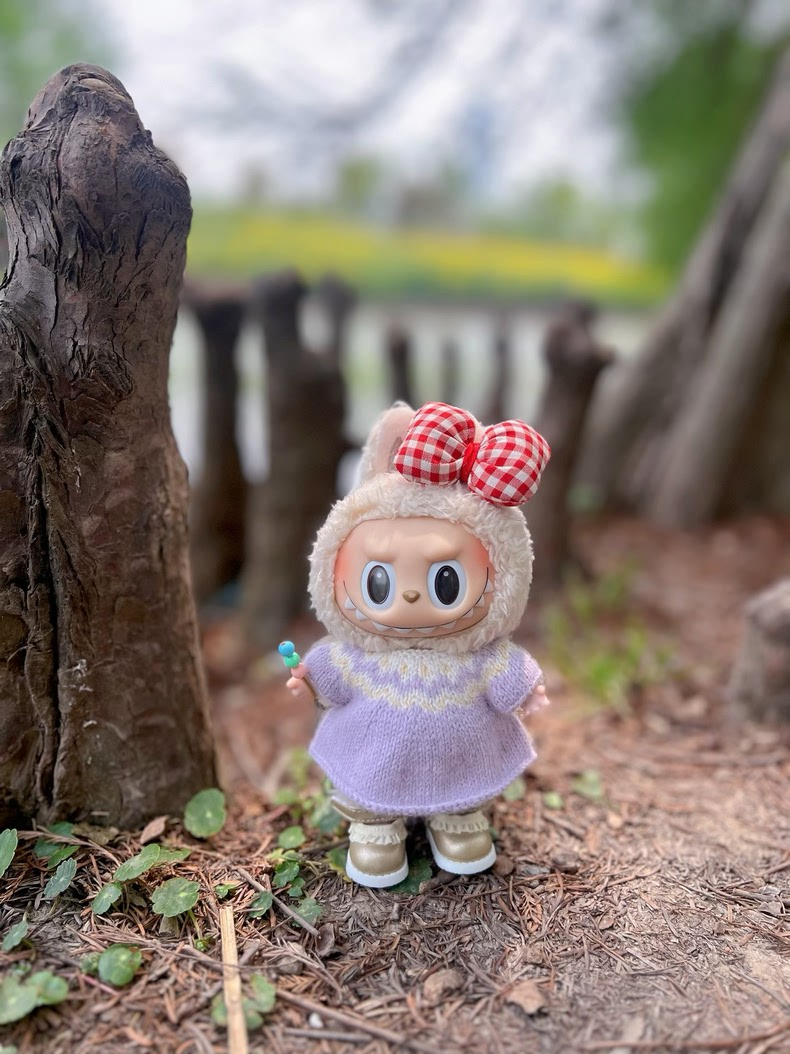Handmade Knitted Labubu Doll Outfit – Cozy Sweater & Red Gingham Bow, Collector’s Delight - Image 1