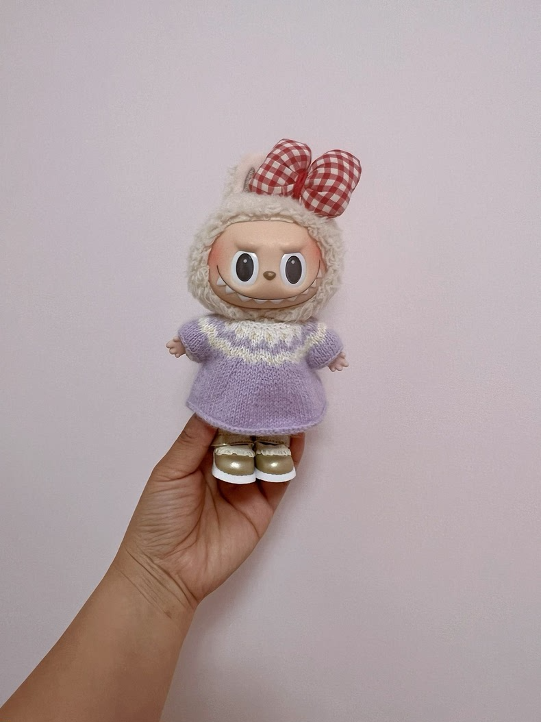 Handmade Knitted Labubu Doll Outfit – Cozy Sweater & Red Gingham Bow, Collector’s Delight - Image 2