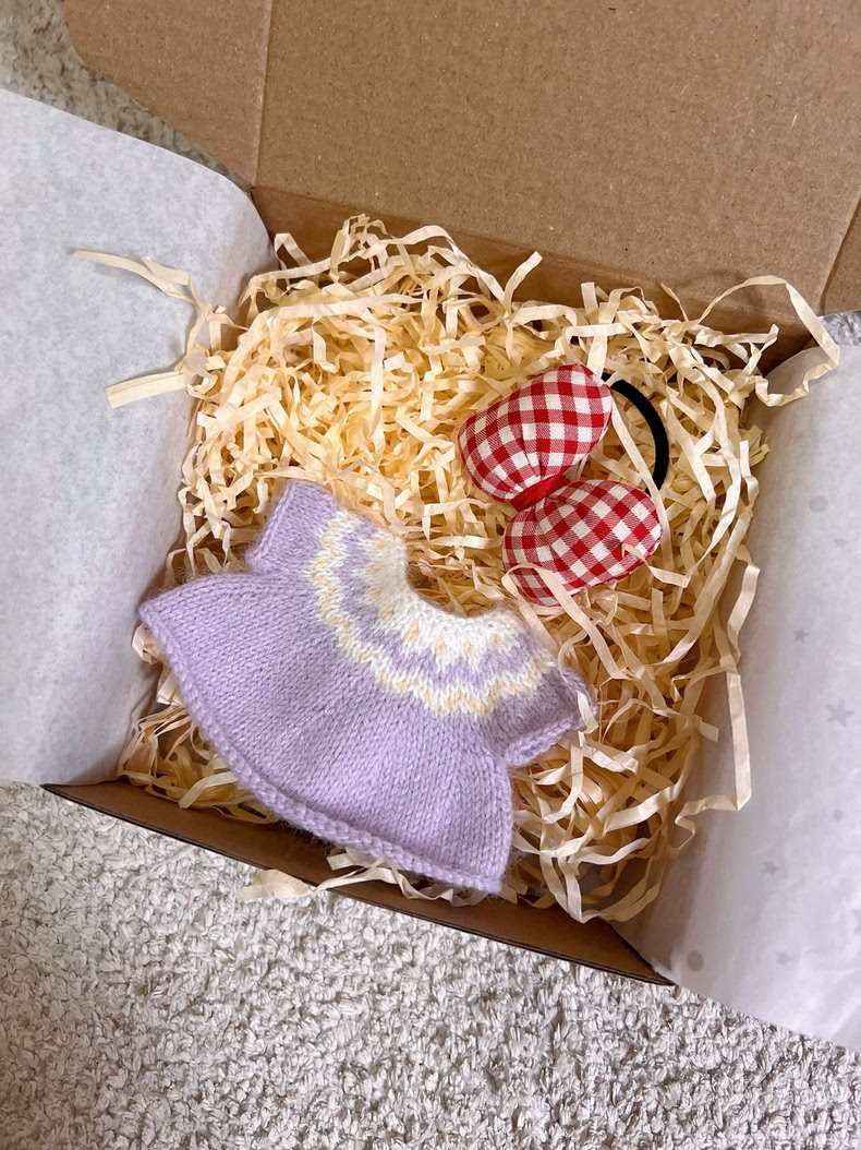 Handmade Knitted Labubu Doll Outfit – Cozy Sweater & Red Gingham Bow, Collector’s Delight - Image 3