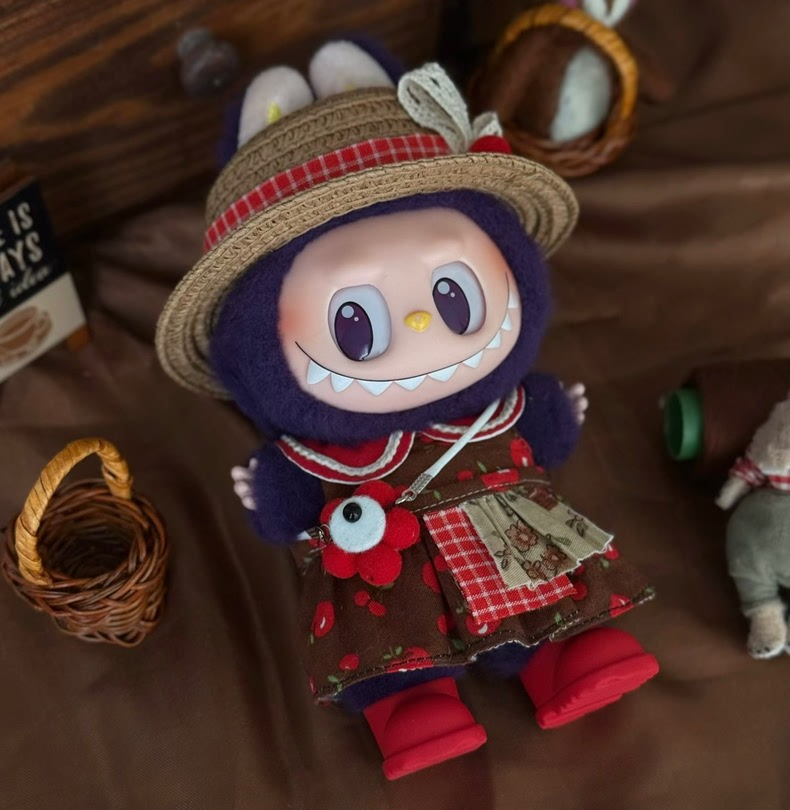 Whimsical Summer Labubu Doll Outfit – Exclusive Red Fruit Skirt & Straw Hat Set - Image 1