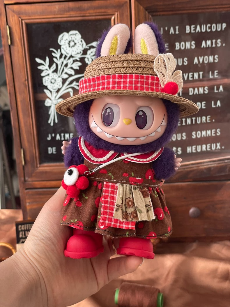Whimsical Summer Labubu Doll Outfit – Exclusive Red Fruit Skirt & Straw Hat Set - Image 2