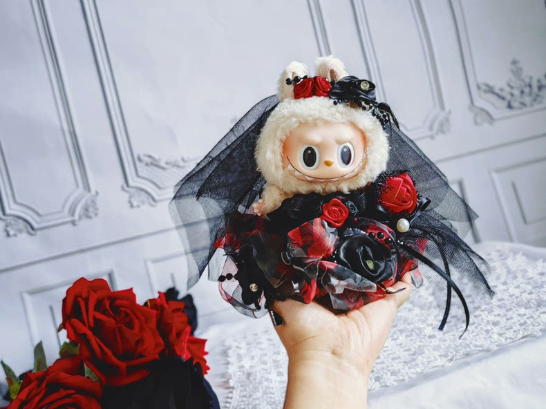 Gothic Elegance: Red & Black Rose Labubu Blind Box Ensemble with Lace & Pearls - Image 1