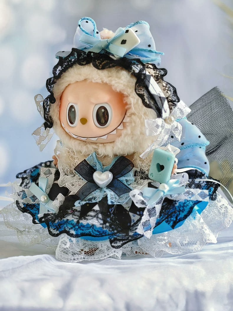 Whimsical Alice in Wonderland Chessboard Outfit for Labubu – Elegant Blue & Black Fantasy Doll Fashion - Image 1