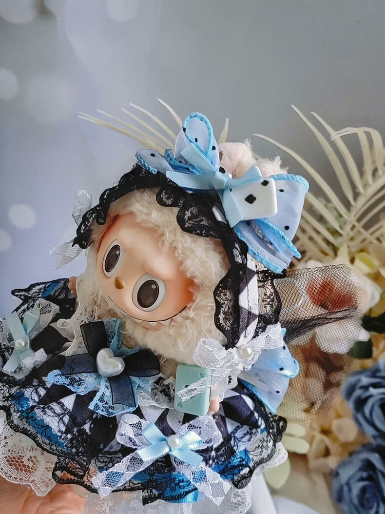 Whimsical Alice in Wonderland Chessboard Outfit for Labubu – Elegant Blue & Black Fantasy Doll Fashion - Image 5
