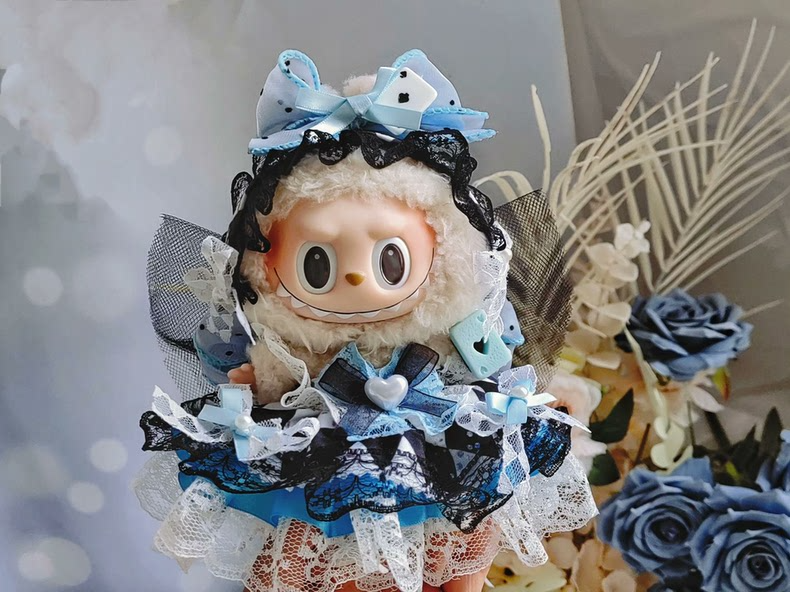 Whimsical Alice in Wonderland Chessboard Outfit for Labubu – Elegant Blue & Black Fantasy Doll Fashion - Image 6
