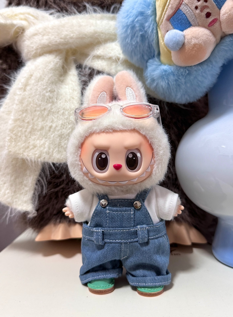 Stylish Denim & Sweater Outfit for Labubu Doll – Adorable Collectible with Bunny Ears & Sunglasses - Image 1