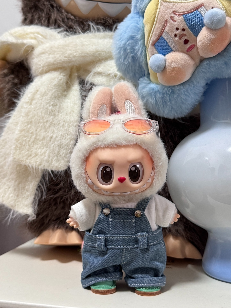 Stylish Denim & Sweater Outfit for Labubu Doll – Adorable Collectible with Bunny Ears & Sunglasses - Image 3
