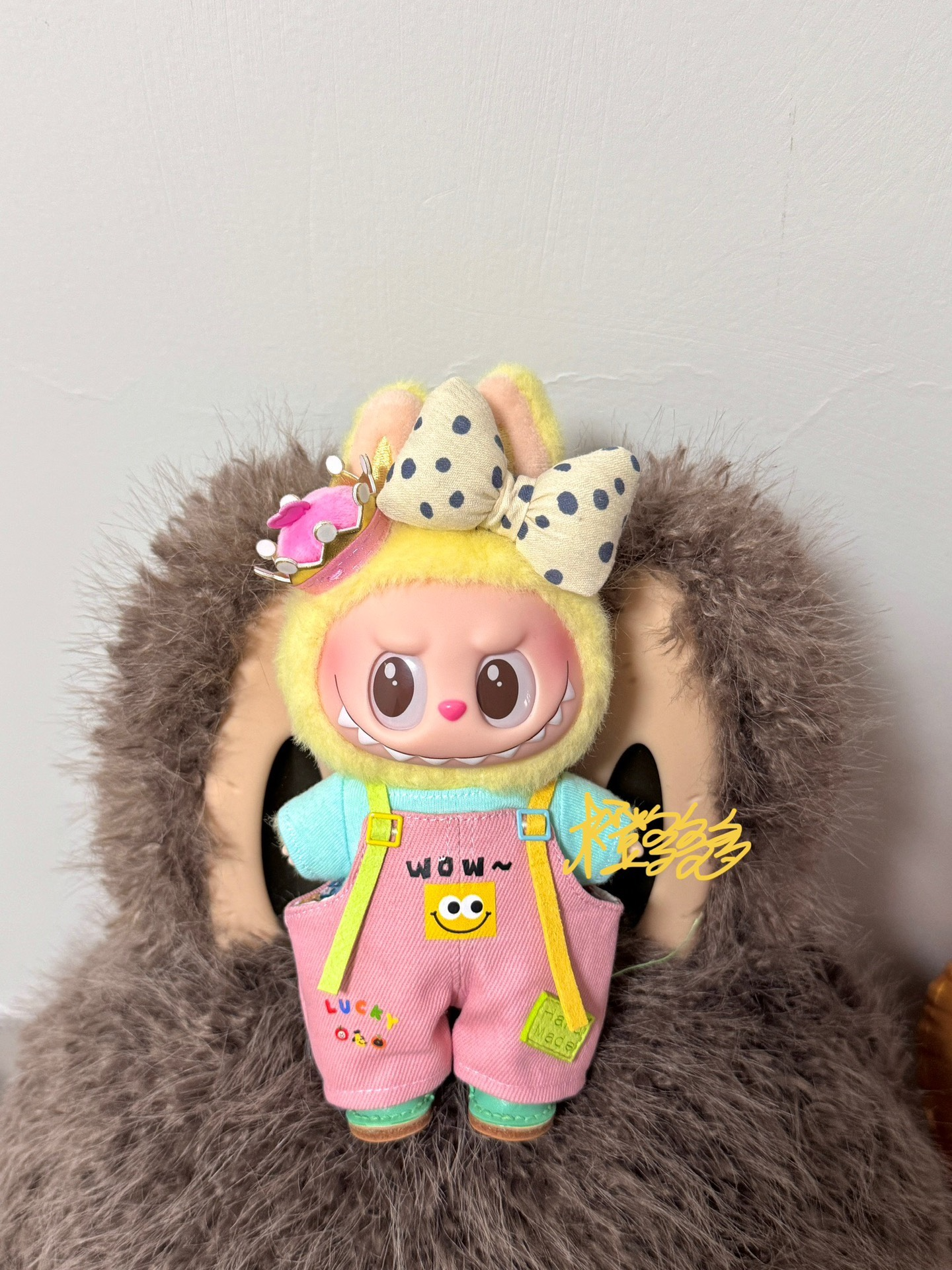 Whimsical Labubu Doll Outfit – Pink Overalls & Blue Tee for Playful Charm! - Image 6