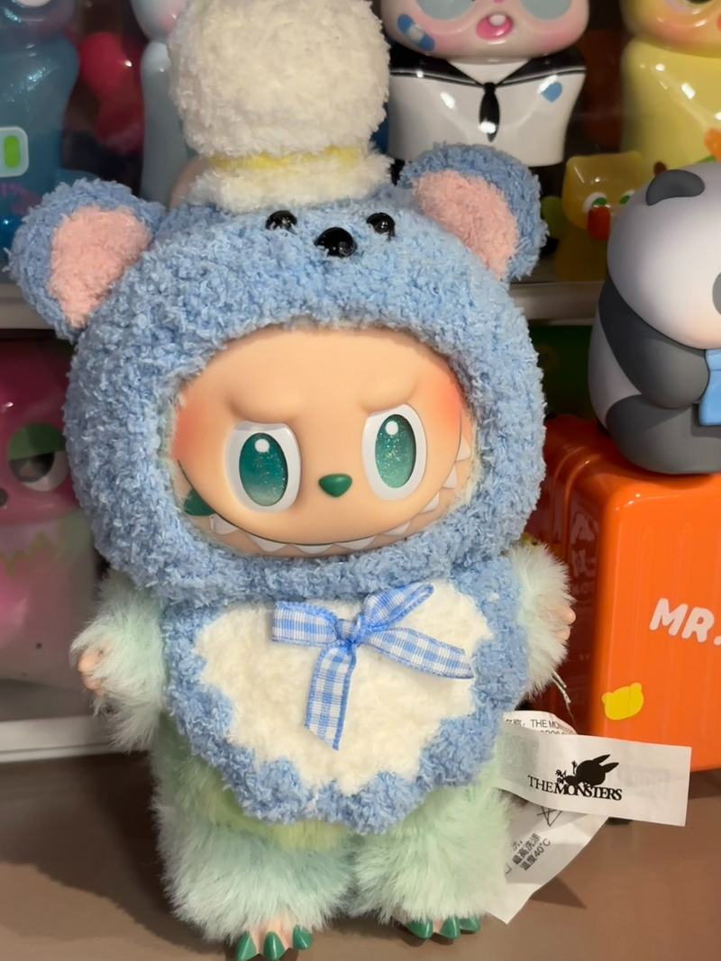 Adorable Plush Labubu Doll in Cozy Teddy Bear Outfit – Blue & White Collectible with Hat & Bow Tie - Image 1