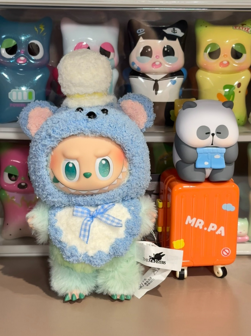 Adorable Plush Labubu Doll in Cozy Teddy Bear Outfit – Blue & White Collectible with Hat & Bow Tie - Image 2