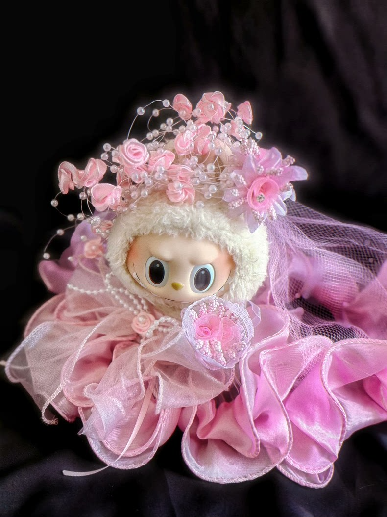 Vintage-Inspired Labubu Bridal Ensemble: Elegant Pink Satin & Organza Outfit with Floral Headpiece & Veil - Image 1