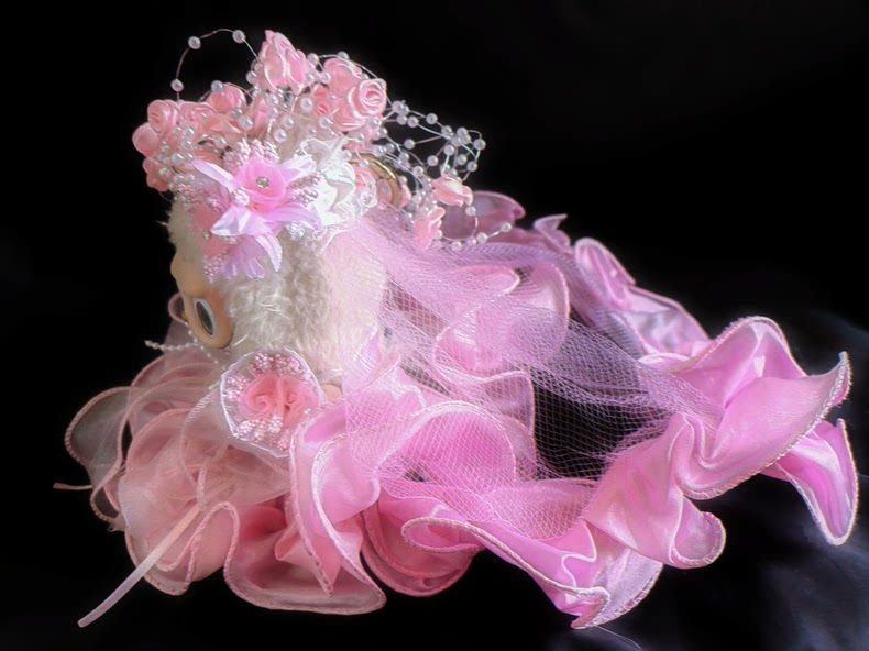 Vintage-Inspired Labubu Bridal Ensemble: Elegant Pink Satin & Organza Outfit with Floral Headpiece & Veil - Image 2