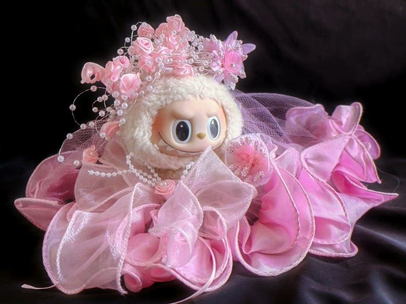 Vintage-Inspired Labubu Bridal Ensemble: Elegant Pink Satin & Organza Outfit with Floral Headpiece & Veil - Image 3