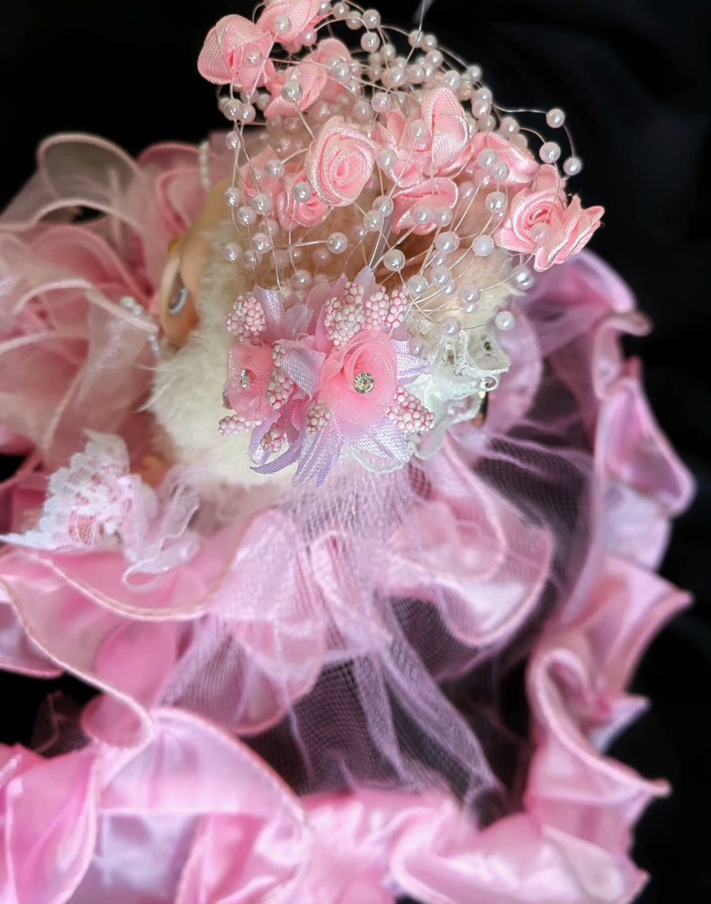 Vintage-Inspired Labubu Bridal Ensemble: Elegant Pink Satin & Organza Outfit with Floral Headpiece & Veil - Image 4