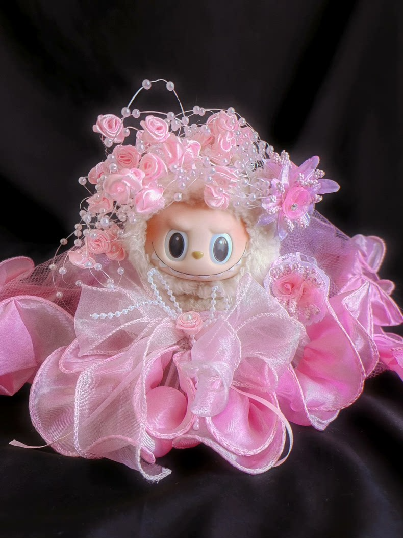 Vintage-Inspired Labubu Bridal Ensemble: Elegant Pink Satin & Organza Outfit with Floral Headpiece & Veil - Image 5