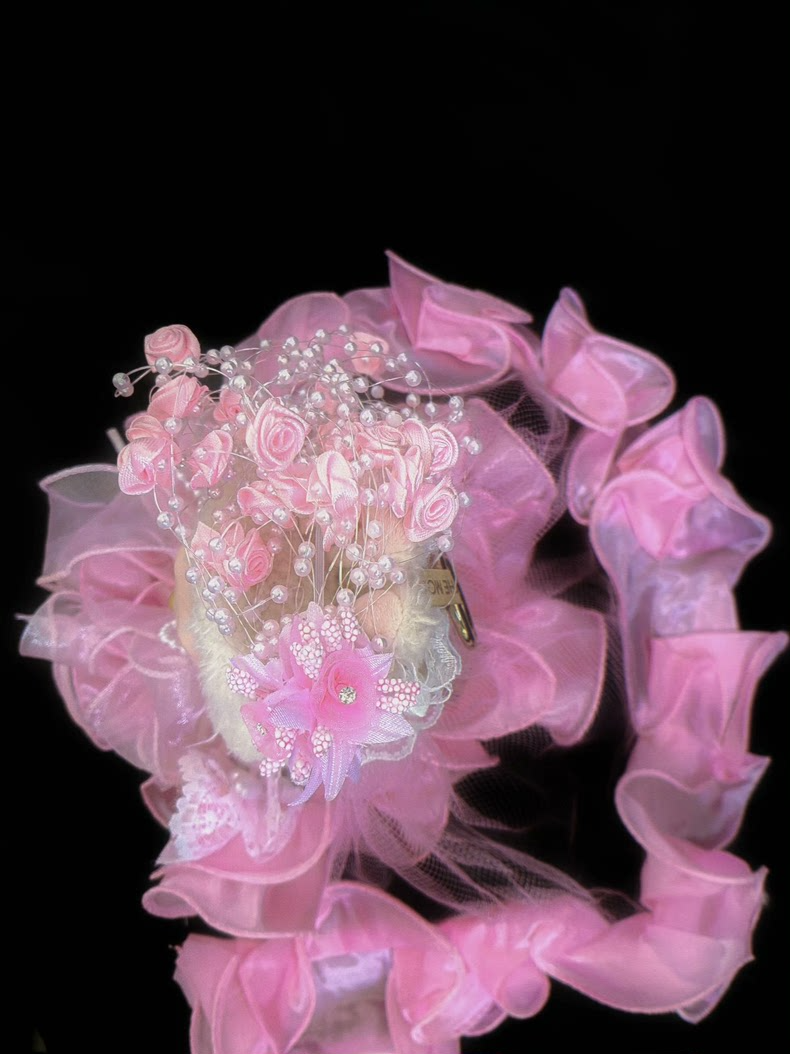 Vintage-Inspired Labubu Bridal Ensemble: Elegant Pink Satin & Organza Outfit with Floral Headpiece & Veil - Image 6