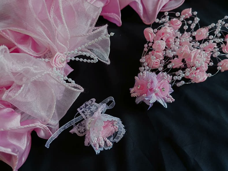 Vintage-Inspired Labubu Bridal Ensemble: Elegant Pink Satin & Organza Outfit with Floral Headpiece & Veil - Image 7