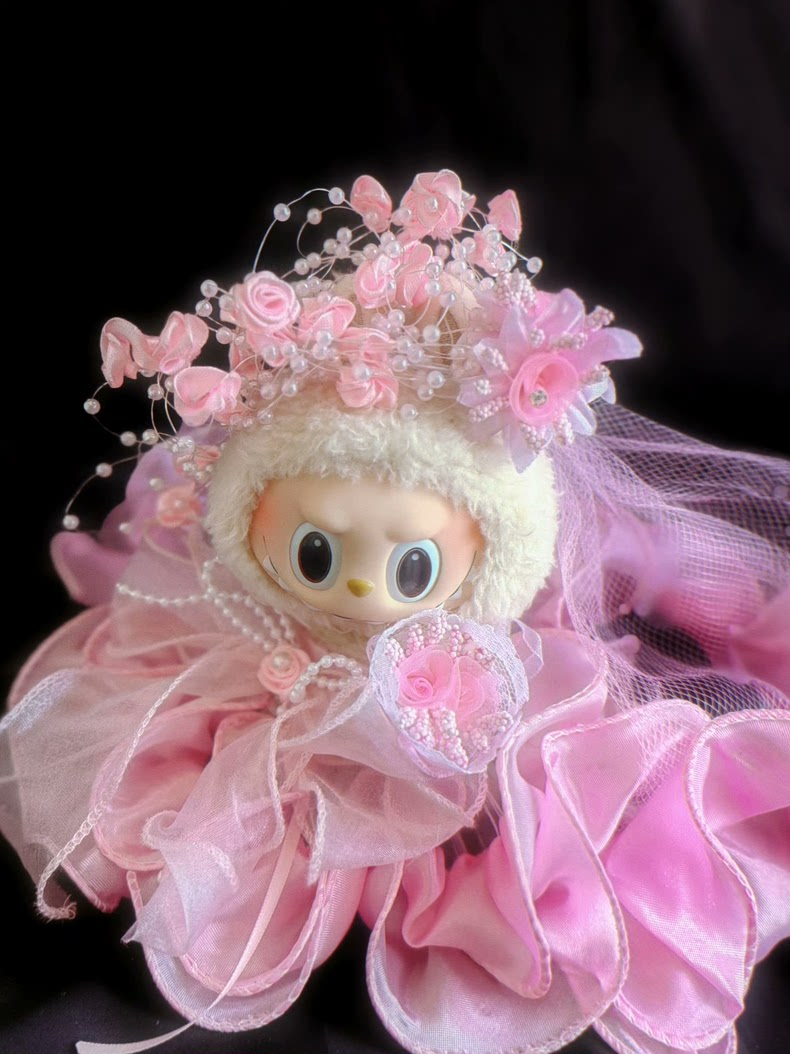 Vintage-Inspired Labubu Bridal Ensemble: Elegant Pink Satin & Organza Outfit with Floral Headpiece & Veil - Image 8