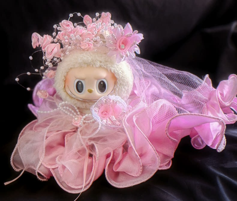 Vintage-Inspired Labubu Bridal Ensemble: Elegant Pink Satin & Organza Outfit with Floral Headpiece & Veil - Image 9