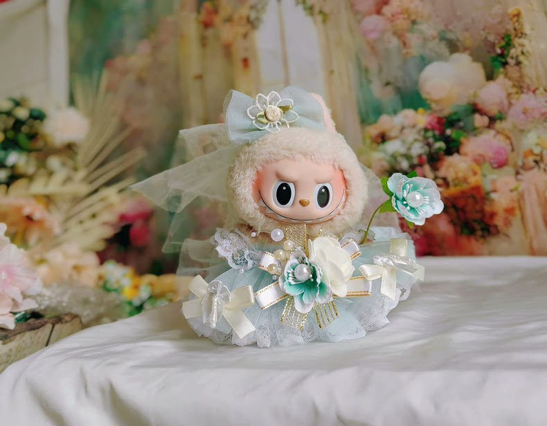Whimsical Mint Green Bridal Ensemble for Labubu – Elegant Tulle & Lace Doll Outfit with Floral Accents - Image 1