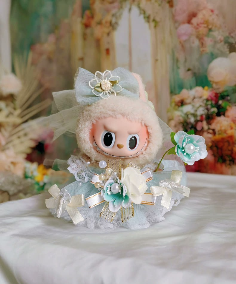 Whimsical Mint Green Bridal Ensemble for Labubu – Elegant Tulle & Lace Doll Outfit with Floral Accents - Image 2