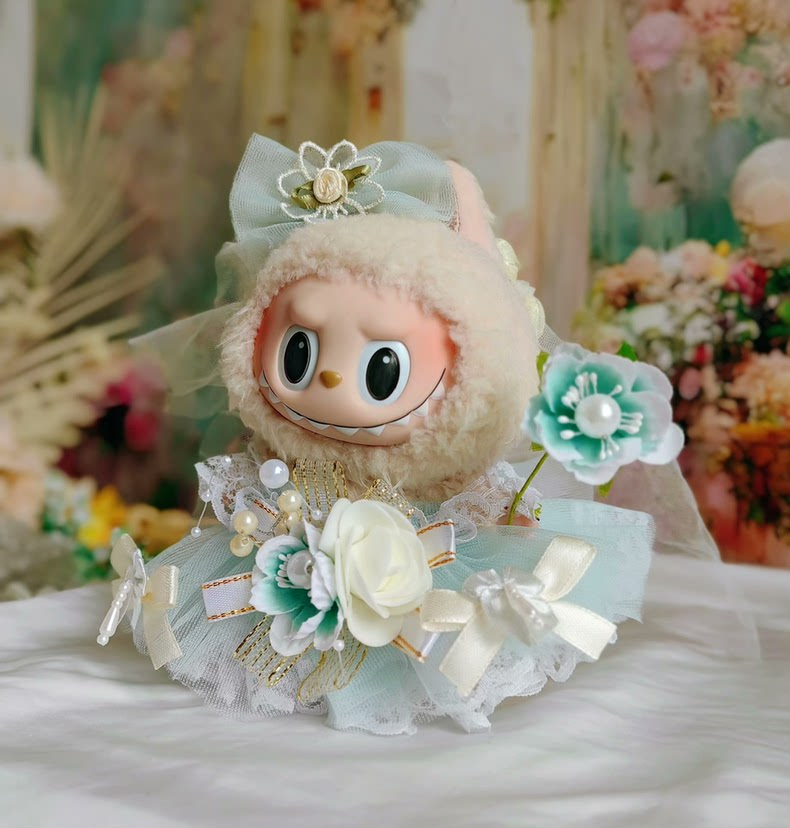 Whimsical Mint Green Bridal Ensemble for Labubu – Elegant Tulle & Lace Doll Outfit with Floral Accents - Image 3