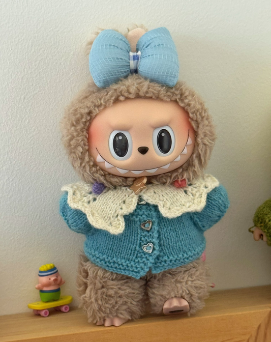 Handmade Labubu Outfit: Pastel Blue Knit Cardigan with Lace & Gingham Bow – Premium Yarn, Detachable Scarf, Adorable Pom-Poms - Image 1
