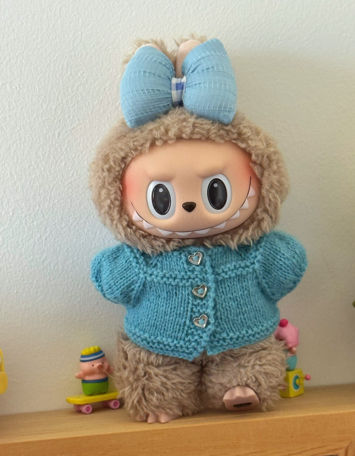 Handmade Labubu Outfit: Pastel Blue Knit Cardigan with Lace & Gingham Bow – Premium Yarn, Detachable Scarf, Adorable Pom-Poms - Image 2