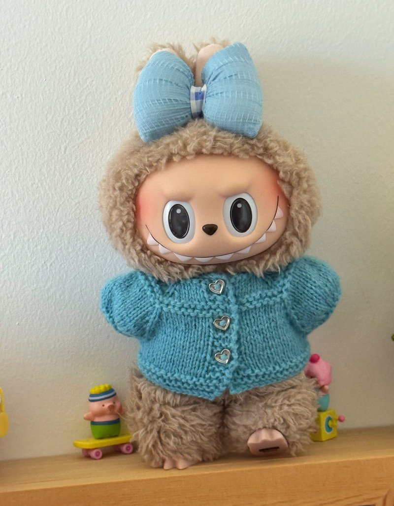 Handmade Labubu Outfit: Pastel Blue Knit Cardigan with Lace & Gingham Bow – Premium Yarn, Detachable Scarf, Adorable Pom-Poms - Image 2
