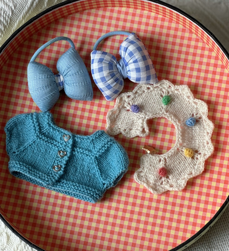Handmade Labubu Outfit: Pastel Blue Knit Cardigan with Lace & Gingham Bow – Premium Yarn, Detachable Scarf, Adorable Pom-Poms - Image 3