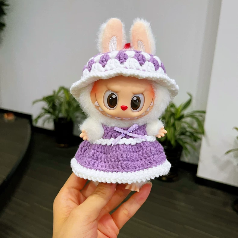 Handwoven LABUBU Doll Outfit: Vibrant Crochet Dress & Hat for Iconic Resin Figurines - Image 1