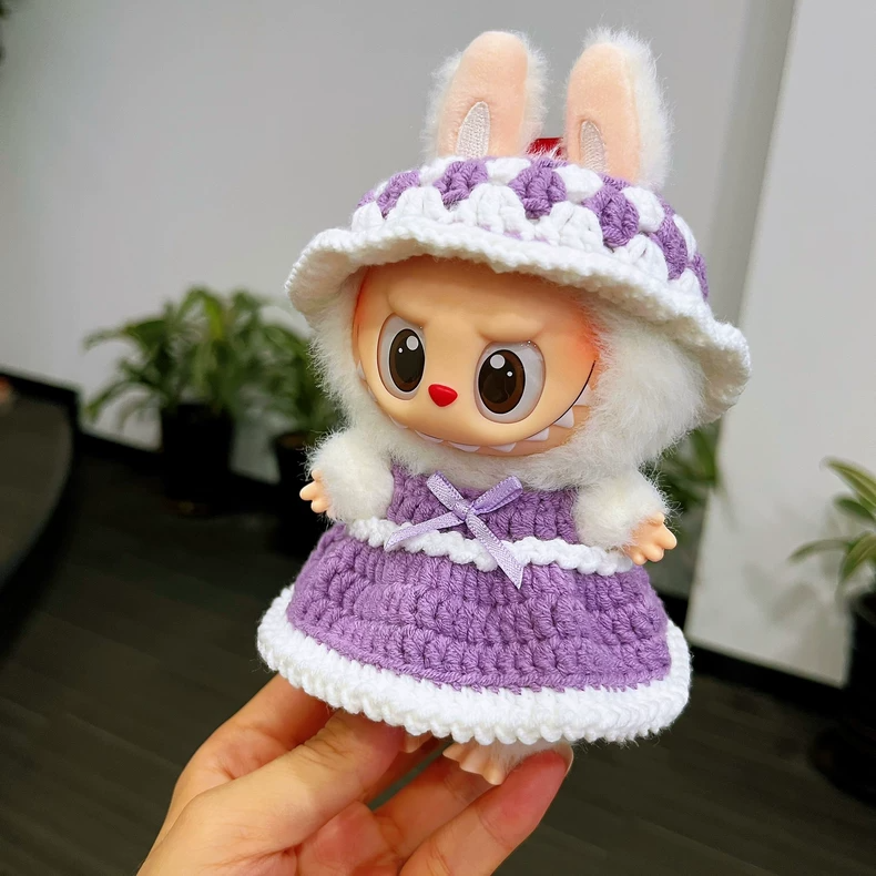 Handwoven LABUBU Doll Outfit: Vibrant Crochet Dress & Hat for Iconic Resin Figurines - Image 3