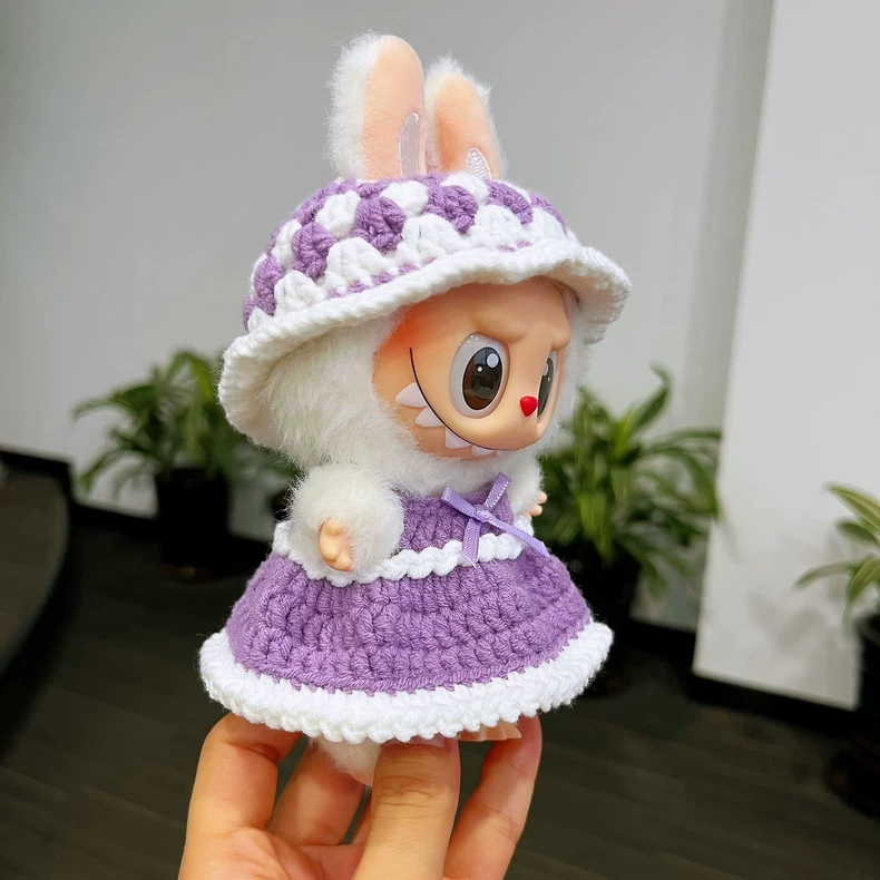 Handwoven LABUBU Doll Outfit: Vibrant Crochet Dress & Hat for Iconic Resin Figurines - Image 4
