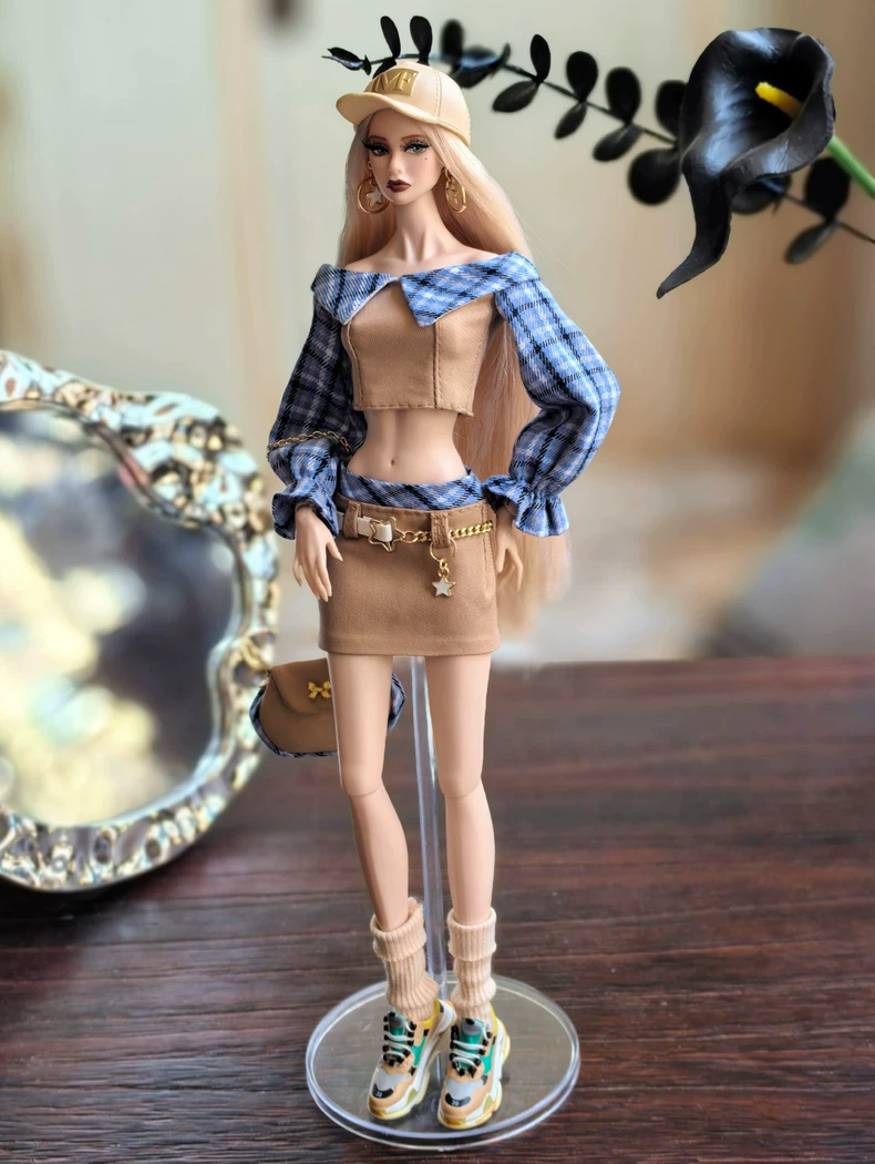 Beige & Blue Plaid BJD 1/6 Outfit Set w/ Top, Skirt/Pants & Accessories | Premium Doll Clothes - Image 1