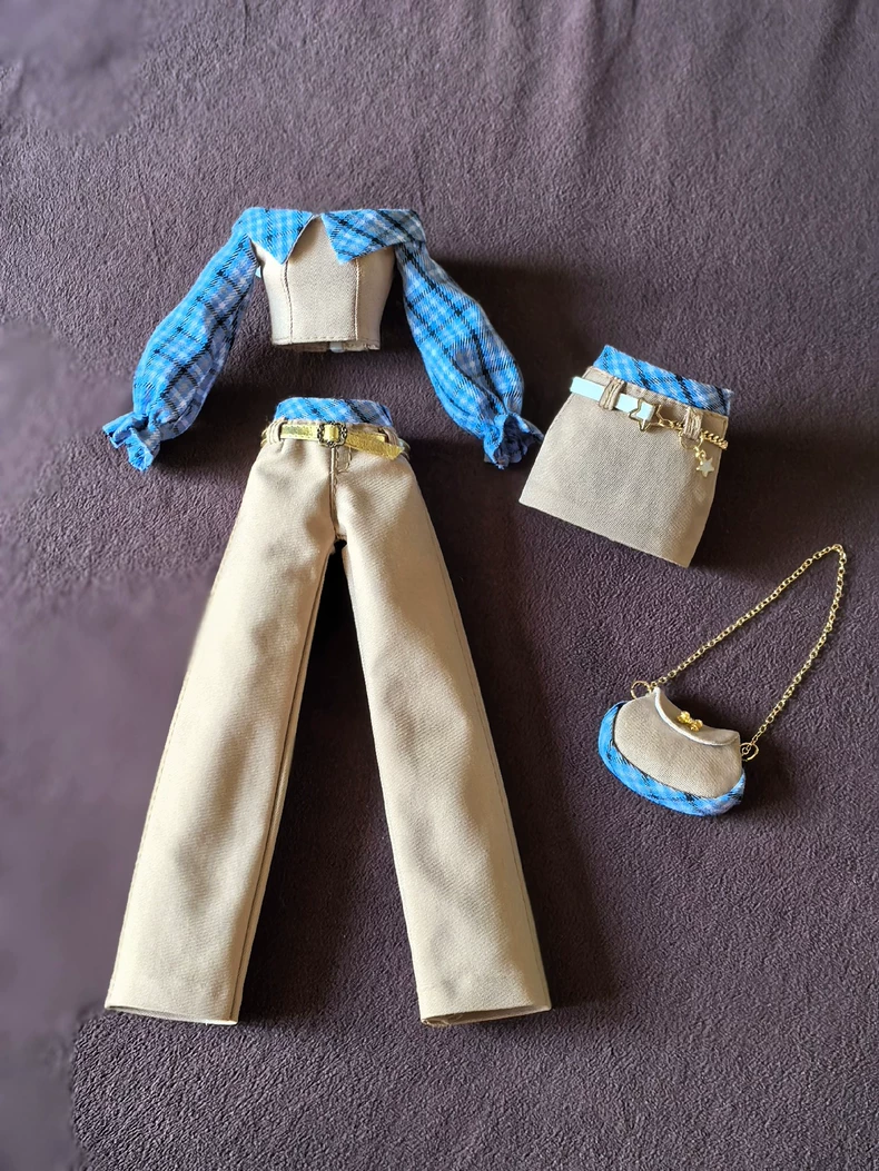 Beige & Blue Plaid BJD 1/6 Outfit Set w/ Top, Skirt/Pants & Accessories | Premium Doll Clothes - Image 3